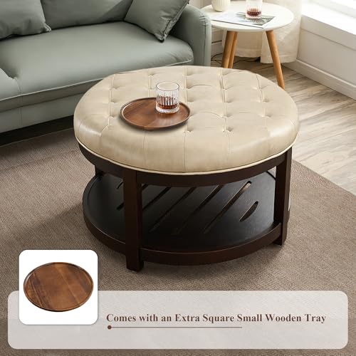 Round Coffee Tables for Living Room,33’’ Storage Ottoman with Wooden Tray, Upholstered Ottoman Footrest, Ivory