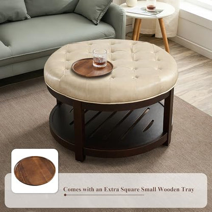 Round Coffee Tables for Living Room,33’’ Storage Ottoman with Wooden Tray, Upholstered Ottoman Footrest, Ivory