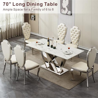 Marble Dining Table for 6 People, 70'' Rectangle Faux Marble Dining Table with Mirrored Stainless Steel Base, Large Size Marble Kitchen Table (Silver,White)(only Table)