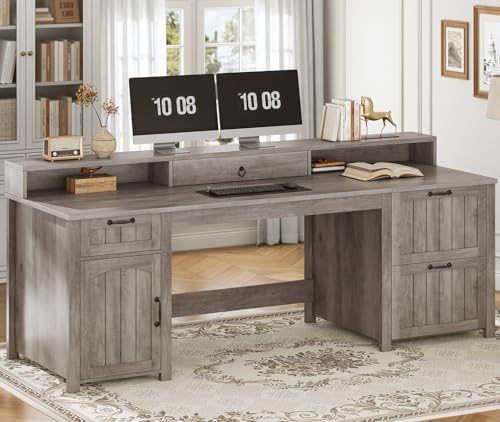 Farmhouse 63" Executive Desk, Wood Computer Desk with Drawers and Storage Cabinet, Home Office Desk with File Drawer and Monitor Stand, Wood Desk for Work Study Writing, Grey