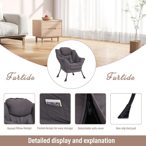 Lazy Chair for Living Room, Modern Accent Chairs with Armrests, Dark Grey Armchairs with Side Pocket, Cozy Lazy Sofa for Reading, Balcony, Bedroom, Dorm, Small Spaces