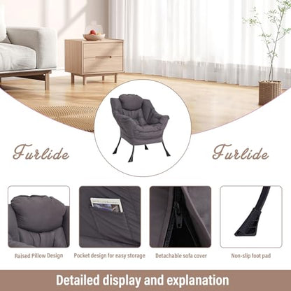 Lazy Chair for Living Room, Modern Accent Chairs with Armrests, Dark Grey Armchairs with Side Pocket, Cozy Lazy Sofa for Reading, Balcony, Bedroom, Dorm, Small Spaces