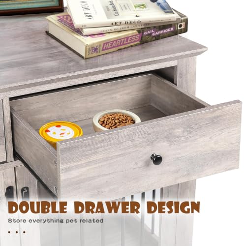 44-inch Wooden Dog Crate with 2 Storage Drawers, End Table, Grey, view 5