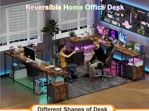 67" U Shaped Computer Desk - Reversible L Shaped Gaming Desk with 4 Fabric Drawers, Corner Desk U Shape for Home Office Work Study, Rusitc Brown