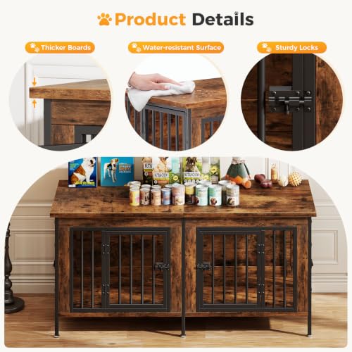 NEWBULIG 54" Double Dog Crate Furniture for 2 Dogs - Rustic Brown, view 4