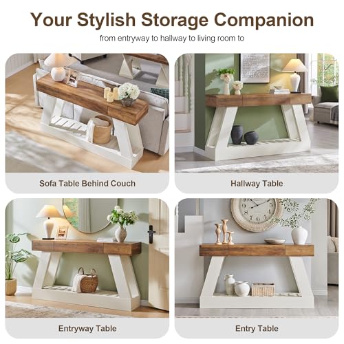 60" Farmhouse Entryway Table with Drawer, Console Table Behind Sofa, Narrow Long Entryway for Hallway, Living Room, Hallway, Behind Couch(Antique White)