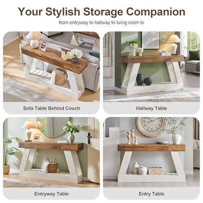 60" Farmhouse Entryway Table with Drawer, Console Table Behind Sofa, Narrow Long Entryway for Hallway, Living Room, Hallway, Behind Couch(Antique White)
