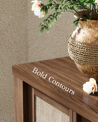 Buffet Cabinet with Storage, 63" Wide Sideboard with Solid Wood Handles and Rattan Look Accent Doors, Flexible Shelves, for Living Room, Kitchen, Dark Walnut