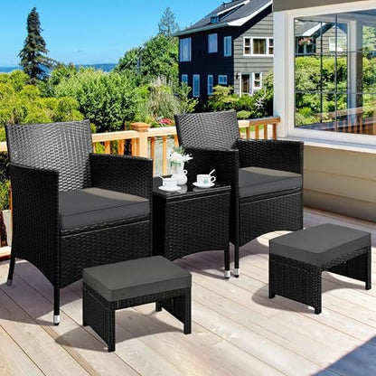Yaheetech Wicker Ottomans, 2 Footrest with Removable Cushion, Black/Gray | 2pcs PE Rattan Side Table Additional Seating Multipurpose Outdoor Furniture for Patio, Backyard