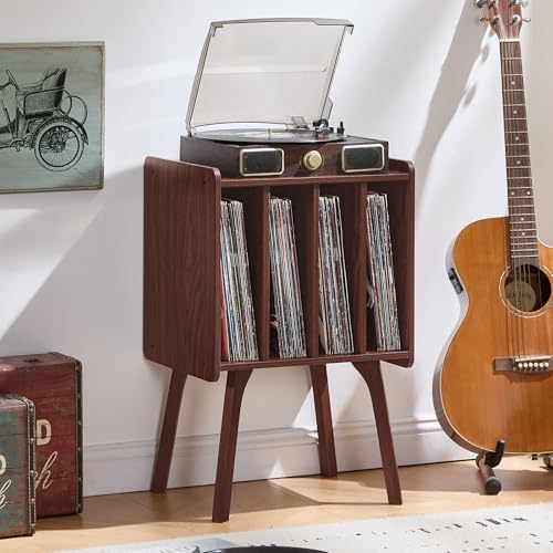 Record Player Stand, Walnut Vinyl Record Storage Table, 4-Cubby, view 5
