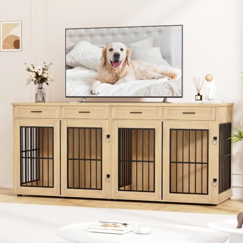 87"Dog Crate Furniture for 2 Dogs, Double Dog Cage Furniture,Natural, view 4