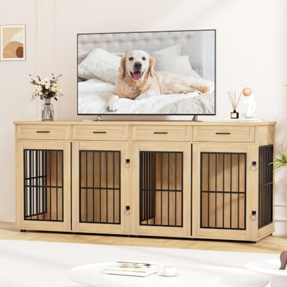 87"Dog Crate Furniture for 2 Dogs, Double Dog Cage Furniture,Natural, view 4