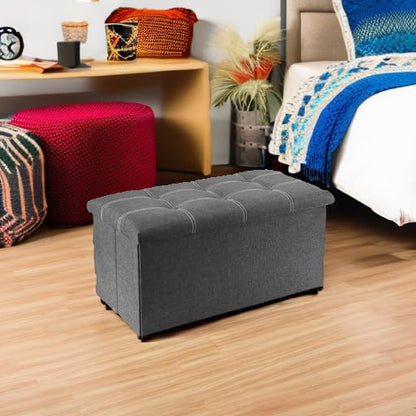 30 Inch Storage Ottoman, Folding Ottoman with Storage, Linen Storage Bench Supports Up to 350 lbs, Footrest Seat for Living Room, Bedroom, Gray