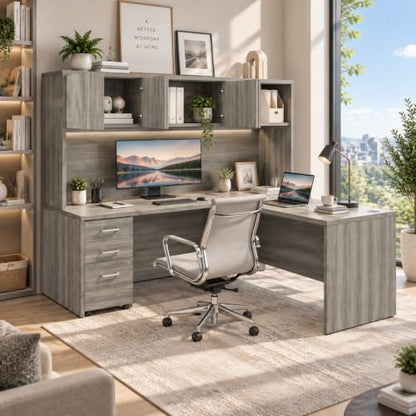 71" L Shaped Executive Desk with Hutch, Built-In Power & Storage Cabinet, view 4