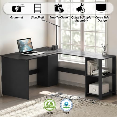 51 x 51 L-Shaped Home Office Wood Corner Desk with Storage, Black, view 4