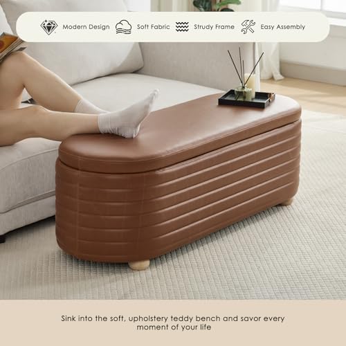 53" Storage Bench PU Leather Ottoman Bench Upholstered Bench End of Bed Stool with Safety Hinge for Bedroom, Living Room, Entryway, Brown