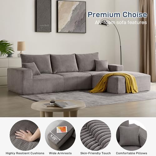 Sectional Cloud Boneless Sofa Couches for Living Room-113'' Gray 3 Seater L-Shaped Modern Lounge Couch-No Assembly Modular Corduroy Convertible Sponge Sleeper Sofas with Chaise for Home House