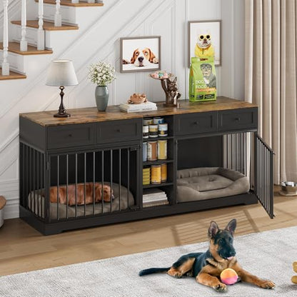 82" Double Dog Crate Furniture, Large Dog Kennel Indoor for 2 Dogs, Heavy Duty Wooden Dog Crate TV Stand with 4 Drawers and Shelves, Black