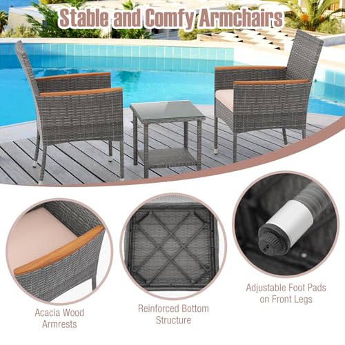 5 Pieces Patio Conversation Set, Outdoor PE Rattan Chairs with Soft Cushions, Ottomans & Tempered Glass Top Table, Acacia Wood Armrests, Patio Furniture Set (Mix Grey+Beige)