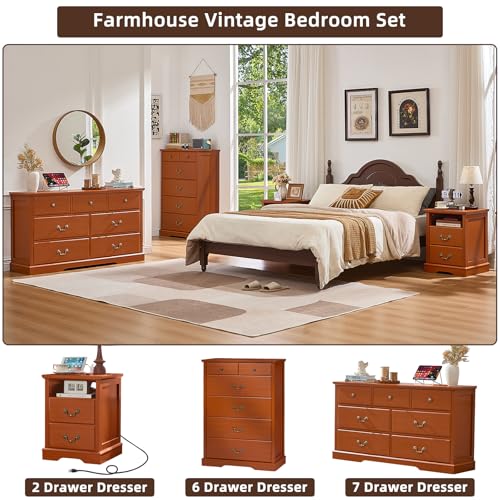Farmhouse Dresser and Nightstand Sets 3 Piece, Wood 47" Tall 6 Chest of Drawers & Rustic 18" Night Stand Set of 2 with Charging Station, Furniture Dressers Set for Bedroom, Home Living Room