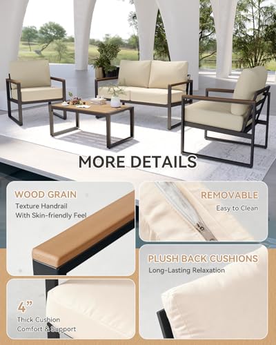 Patio Furniture Set, 4 Piece Outdoor Patio Furniture with Thick Cushions, Modern Metal Outdoor Conversation Sets with Coffee Table for Porch, Balcony, Deck Beige