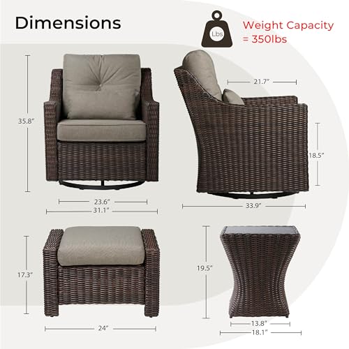 CHITA 5 Pieces Swivel Wicker Patio Furniture Set, Outdoor Conversation Set | 2 Rocking Swivel Chairs, 2 Ottomans, 1 Side Table, All-weather Resin Wicker, E-coated Steel, 5.1-in Cushion, Olefin Covers