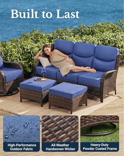 Luxury Outdoor Patio Furniture Set with 6-Inch Thick Cushions, High Back Wicker Swivel Rocker Chairs, 10 Pcs All Weather Furniture Set for Large Deck, Yard and Poolside, Blue (V3)
