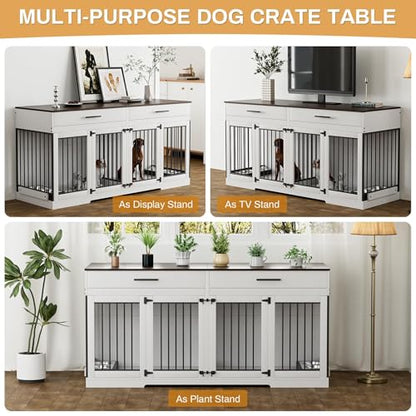 72" Double Dog Crate Furniture for Medium Large Dogs, White, view 4