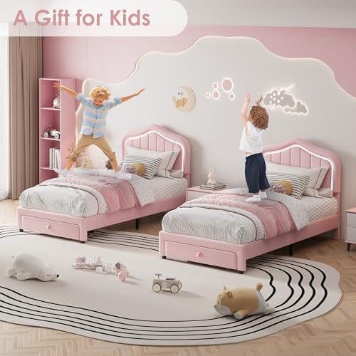 Twin Upholstered Bed Frame with Storage Drawer and Smart Led Headboard, Twin Size Platform Bed Frames for Kids, Wooden Slats Support, No Box Spring Needed, Easy Assembly, All Pink
