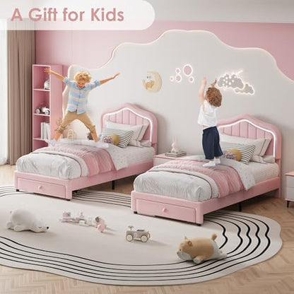 Twin Upholstered Bed Frame with Storage Drawer and Smart Led Headboard, Twin Size Platform Bed Frames for Kids, Wooden Slats Support, No Box Spring Needed, Easy Assembly, All Pink