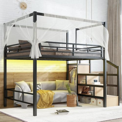 Metal Loft Bed Queen with Storage Stairs and Wardrobe, Black, view 2