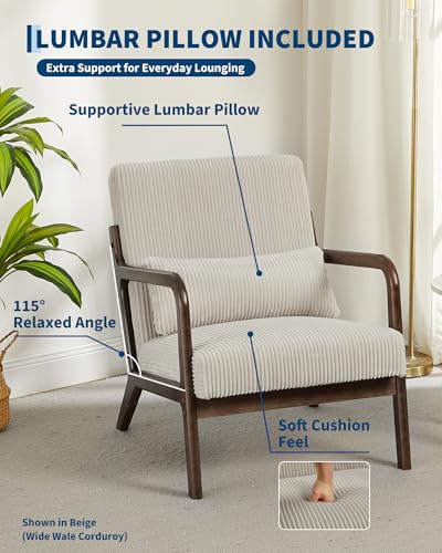 Mid-Century Chenille Accent Chair, Cozy Reading Chair, Modern Lounge Armchair with Lumbar Pillow, Solid Wood Frame, for Living Room, Bedroom, Office, Beige