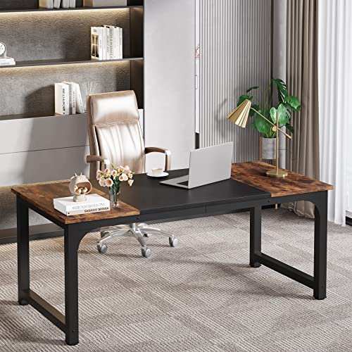 63 Inch Large Executive Computer Office Desk, Brown+Black