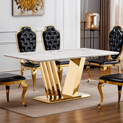 Marble Dining Table for 6 People, 70'' Rectangle Faux Marble Dining Table with Mirrored Stainless Steel Base, Large Size Marble Kitchen Table (Gold,White)(only Table)