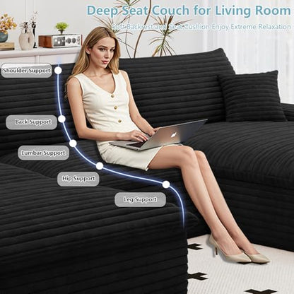 107" Cloud Sectional Couch with U-Shaped Chaise,Corduroy Viral Boneless Sofa with Ottoman,Memory Foam Couches in a Box with Deep Seat for Living Room,No Assembly Required (Black,Right-Facing Chaise)