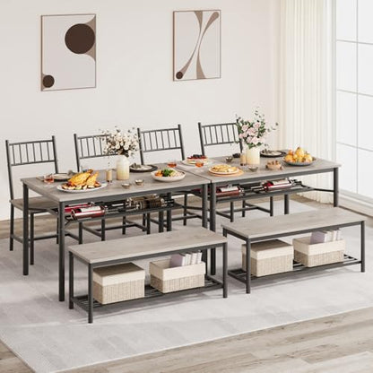 Dining Table Set for 4, Kitchen Table and Chairs for 4 with Wine Rack, Room Dining Table Set with Storage Benches, Rectangular Kitchen Table Set for Small Space, Apartment, Retro Gray