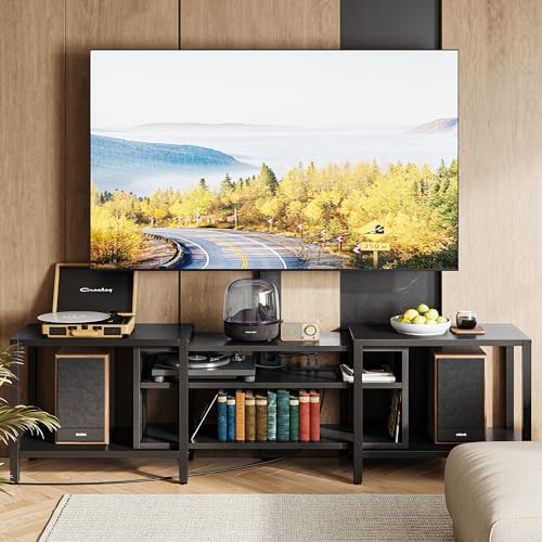 79 Inch TV Stand for TVs up to 85 Inch with Mount and Power Outlet, 3 Tiers TV Console with Storage Shelves, Entertainment Center, Steel Frame, for Living Room, Bedroom, Black