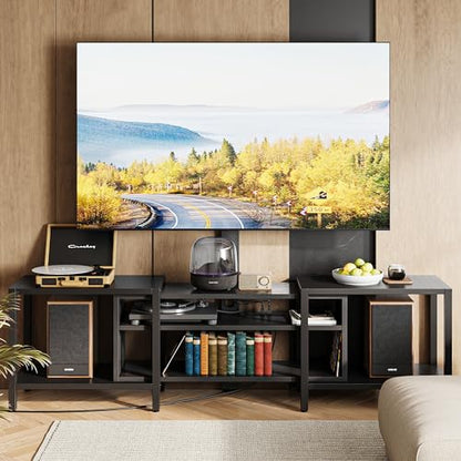 79 Inch TV Stand for TVs up to 85 Inch with Mount and Power Outlet, 3 Tiers TV Console with Storage Shelves, Entertainment Center, Steel Frame, for Living Room, Bedroom, Black