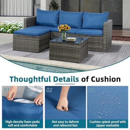 Small Outdoor Sofa Patio Furniture Set with Detachable Cushions, 3 PCS Patio Sectional Sofa with Coffee Table & 5 Position Adjustable,PE Rattan Patio Conversation Set, Silver Rattan/Royal Blue