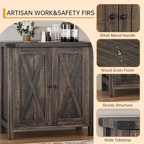 GAOMON Farmhouse Sideboard Buffet Cabinet with Storage, Rustic Wood Credenza with 2 Barn Doors and Adjustable Shelf, Grey Wash Console Cabinet for Kitchen, Dining Room, Living Room or Entryway