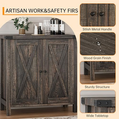 GAOMON Farmhouse Sideboard Buffet Cabinet with Storage, Rustic Wood Credenza with 2 Barn Doors and Adjustable Shelf, Grey Wash Console Cabinet for Kitchen, Dining Room, Living Room or Entryway
