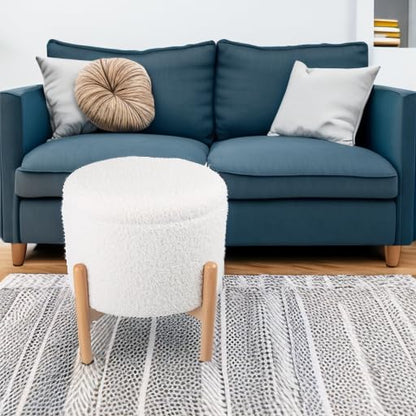 Round Sherpa Storage Ottoman Pouf with Removable Lid – Plush Couch Footrest & Hidden Organizer for Small Spaces, Dorm or Living Room by (White)