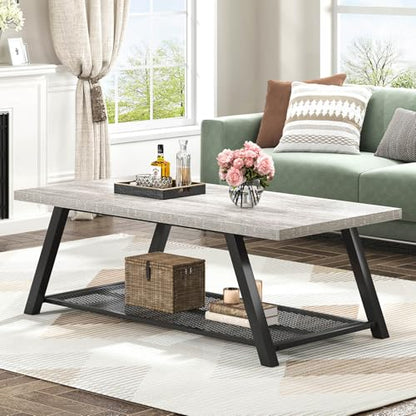 Industrial Coffee Tables for Living Room with Storage, Rustic Wood and Metal Coffee Table, Modern Rectangle Center Cocktail Tea Table, Light Grey, 47 Inch