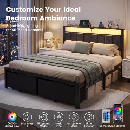 Queen Size Bed Frame with Upholstered Headboard and 2 Storage Drawers, view 4