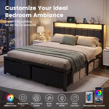 Queen Size Bed Frame with Upholstered Headboard and 2 Storage Drawers, view 4