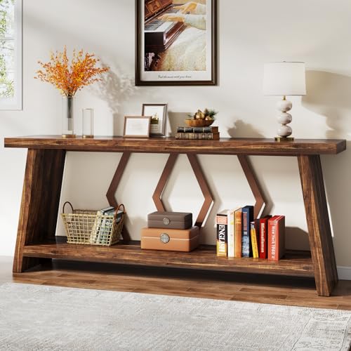 Tribesigns 70.86-Inch Farmhouse Console Table, Industrial Narrow Long Sofa Entryway Table with Storage, 2-Tier Wood Couch Foyer Accent Table for Living Room, Hallway, Entrance (Brown)