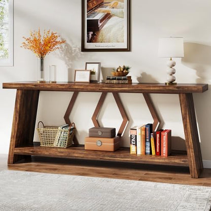Tribesigns 70.86-Inch Farmhouse Console Table, Industrial Narrow Long Sofa Entryway Table with Storage, 2-Tier Wood Couch Foyer Accent Table for Living Room, Hallway, Entrance (Brown)