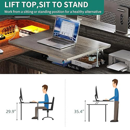 L Shaped Desk with Drawers, 60" Corner Computer Desk with Power Outlets & Lift Top, Home Office Desk with Storage Cabinet & LED Lights, Wood Desk, Height Adjustable Desk, Grey