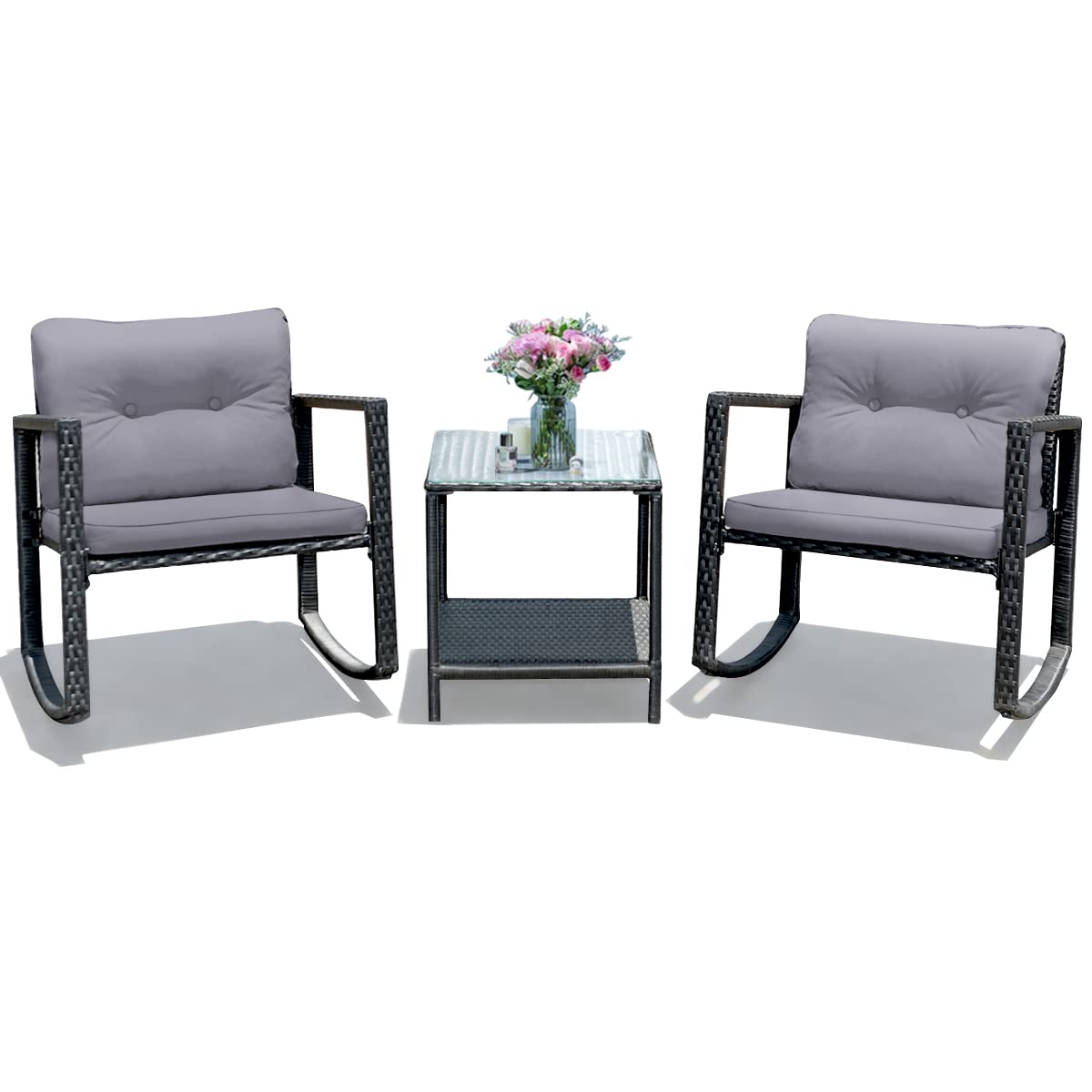 3 Pieces Patio Wicker Rocking Bistro Set, Outdoor Rocking Chair Furniture Set w/Cushioned Seat, Conversation Set w/Glass Coffee Table and Storage Shelf (Gray)