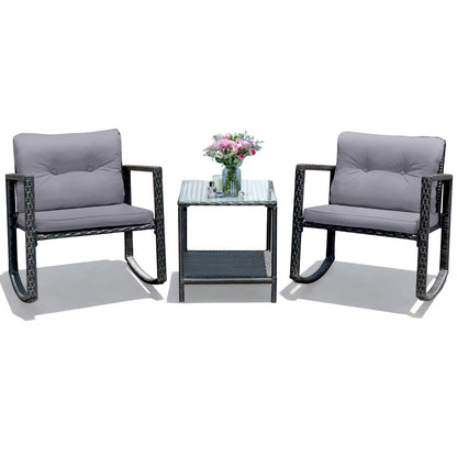 3 Pieces Patio Wicker Rocking Bistro Set, Outdoor Rocking Chair Furniture Set w/Cushioned Seat, Conversation Set w/Glass Coffee Table and Storage Shelf (Gray)